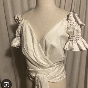 Jonathan Simkhai White Blouse with Smocked Tie Front and Cap Sleeves